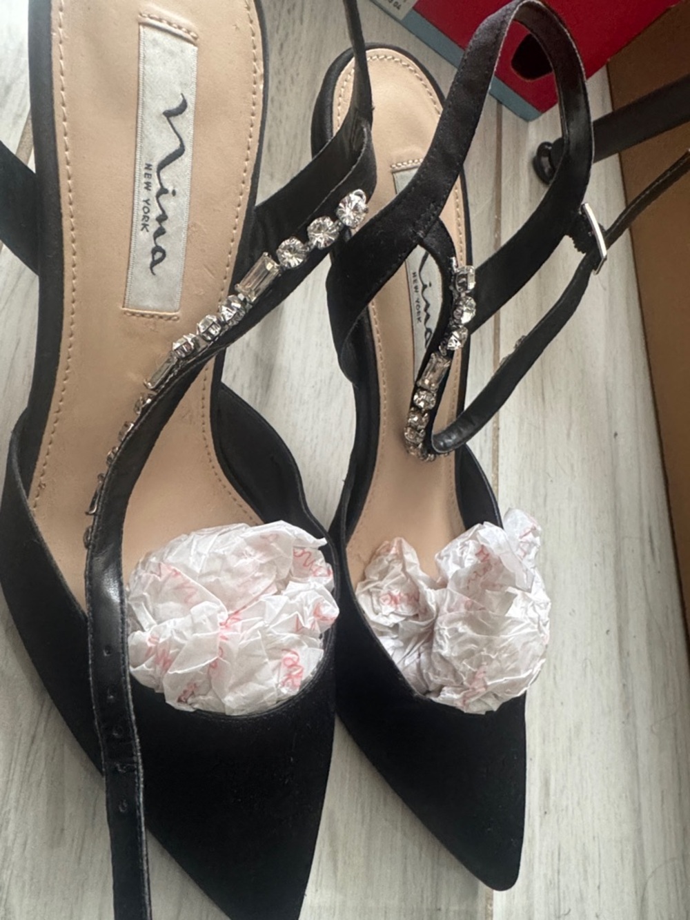 Nina Black Pointed Toe Crystal Slingback Heels